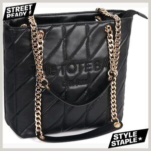 Large PU Leather Tote Bag with Zipper Compartments and Chain Strap